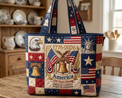 America 250 Years Strong Quilted Tote Bag - Patriotic Gift for Her