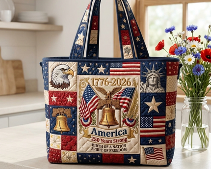 America 250 Years Strong Quilted Tote Bag - Patriotic Gift for Her