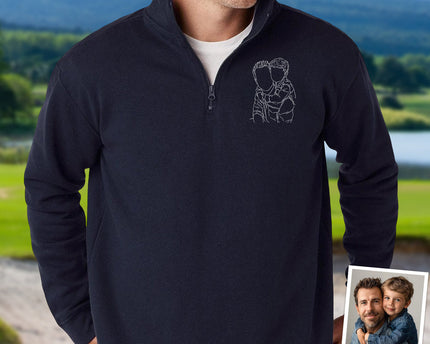 Custom Dad And Kids Portrait Photo Drawing Style Family Embroidered Quarter Zip Sweatshirt
