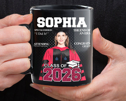Custom Photo Congrats Class Of 2026 Magazine Graduation Gift Black Mug