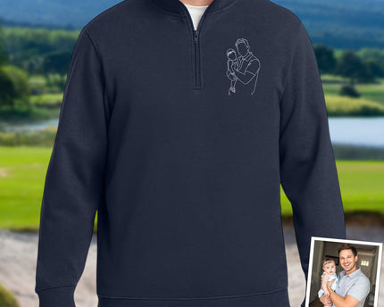 Custom Dad And Kids Portrait Photo Drawing Style Family Embroidered Quarter Zip Sweatshirt