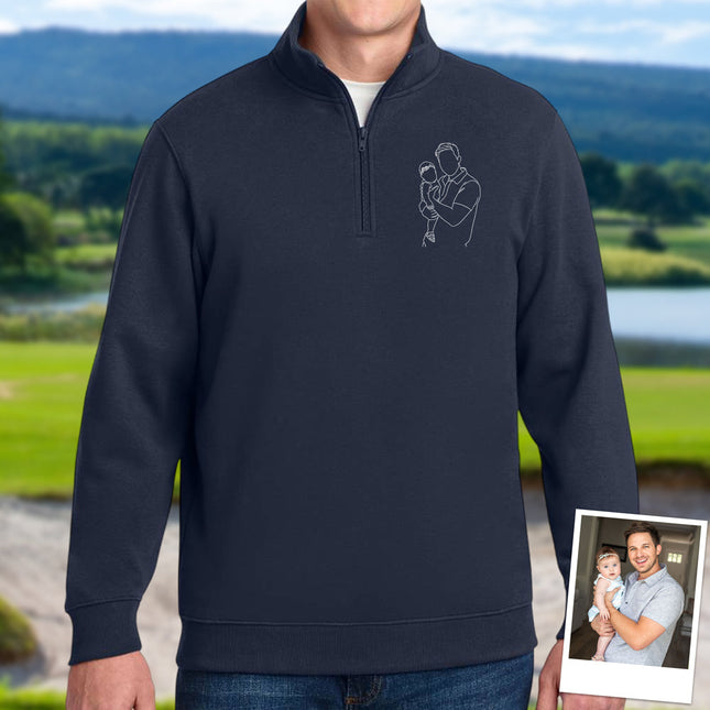 Custom Dad And Kids Portrait Photo Drawing Style Family Embroidered Quarter Zip Sweatshirt