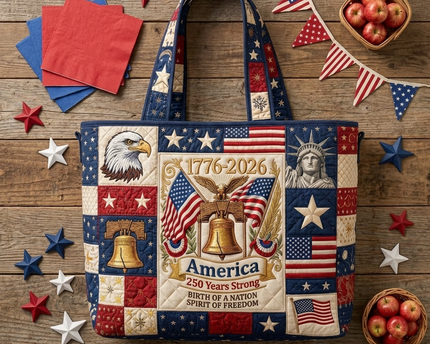 America 250 Years Strong Quilted Tote Bag - Patriotic Gift for Her