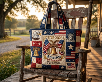 America 250 Years Strong Quilted Tote Bag - Patriotic Gift for Her