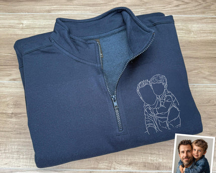 Custom Dad And Kids Portrait Photo Drawing Style Family Embroidered Quarter Zip Sweatshirt