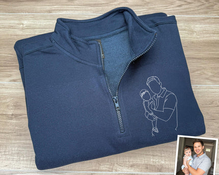 Custom Dad And Kids Portrait Photo Drawing Style Family Embroidered Quarter Zip Sweatshirt