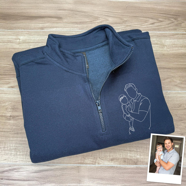 Custom Dad And Kids Portrait Photo Drawing Style Family Embroidered Quarter Zip Sweatshirt