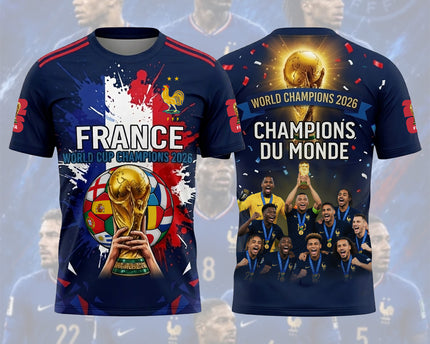 France World Cup Winners 2026 Soccer Jersey Gold Trophy & Confetti Graphic