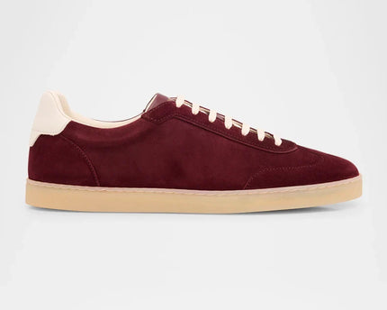 Men's Brunello Cucinelli Suede T-Toe Low-Top Burgundy Sneakers