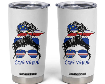 Cape Verde Messy Bun Girl Flag Sunglasses Graphic Tumbler Cup Cabo Verde Women National Pride Gift