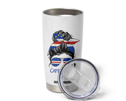 Cape Verde Messy Bun Girl Flag Sunglasses Graphic Tumbler Cup Cabo Verde Women National Pride Gift