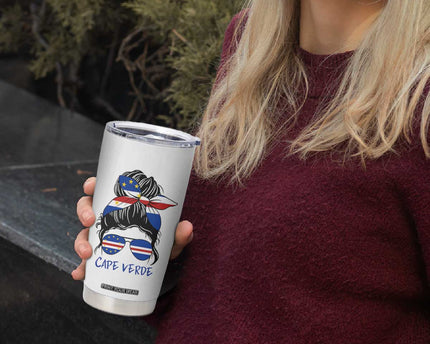 Cape Verde Messy Bun Girl Flag Sunglasses Graphic Tumbler Cup Cabo Verde Women National Pride Gift