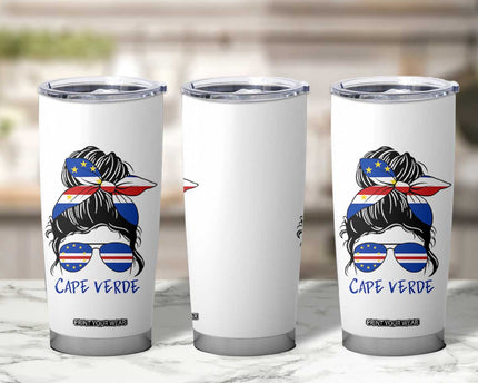 Cape Verde Messy Bun Girl Flag Sunglasses Graphic Tumbler Cup Cabo Verde Women National Pride Gift