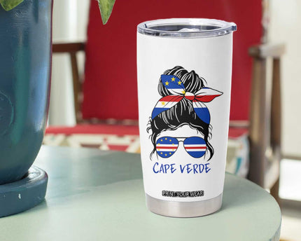 Cape Verde Messy Bun Girl Flag Sunglasses Graphic Tumbler Cup Cabo Verde Women National Pride Gift