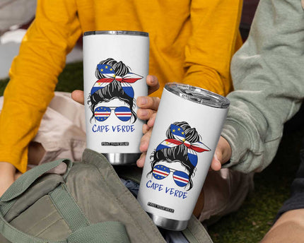 Cape Verde Messy Bun Girl Flag Sunglasses Graphic Tumbler Cup Cabo Verde Women National Pride Gift