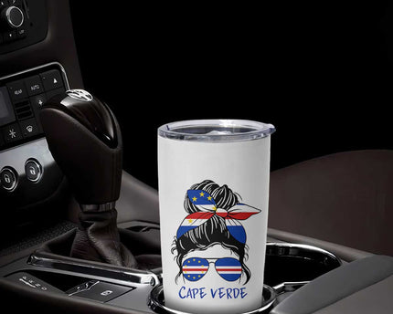 Cape Verde Messy Bun Girl Flag Sunglasses Graphic Tumbler Cup Cabo Verde Women National Pride Gift