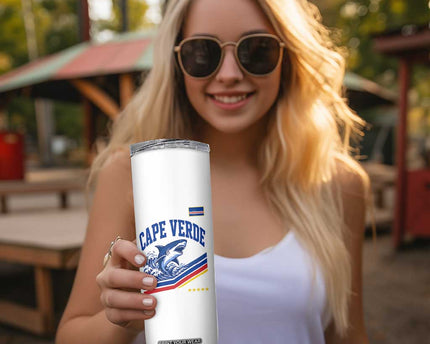 Cape Verde Blue Sharks Ocean Wave Graphic Skinny Tumbler Cabo Verde Pride Sports Fans