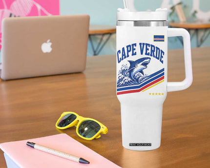 Cape Verde Blue Sharks Ocean Wave Graphic Tumbler With Handle Cabo Verde Pride Sports Fans