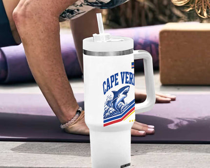 Cape Verde Blue Sharks Ocean Wave Graphic Tumbler With Handle Cabo Verde Pride Sports Fans
