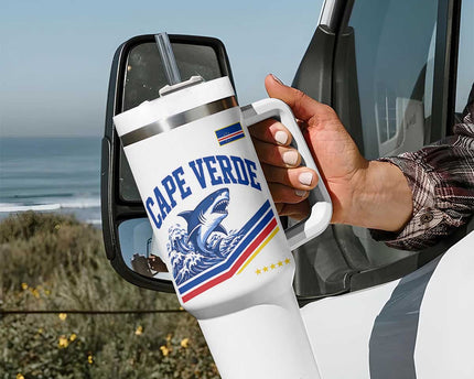 Cape Verde Blue Sharks Ocean Wave Graphic Tumbler With Handle Cabo Verde Pride Sports Fans