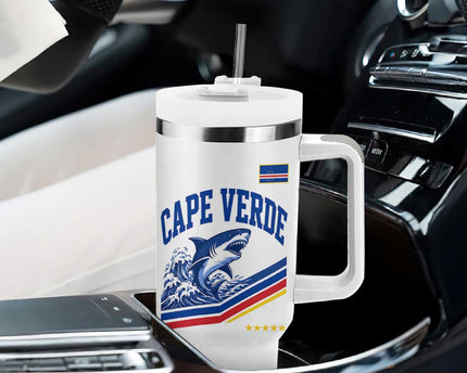 Cape Verde Blue Sharks Ocean Wave Graphic Tumbler With Handle Cabo Verde Pride Sports Fans