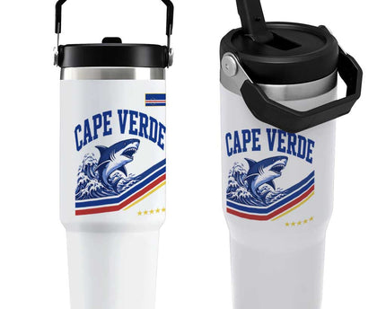 Cape Verde Blue Sharks Ocean Wave Graphic Flip Straw Tumbler Cabo Verde Pride Sports Fans