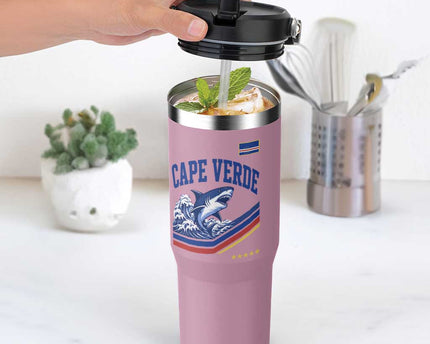 Cape Verde Blue Sharks Ocean Wave Graphic Flip Straw Tumbler Cabo Verde Pride Sports Fans