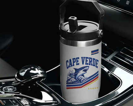 Cape Verde Blue Sharks Ocean Wave Graphic Flip Straw Tumbler Cabo Verde Pride Sports Fans