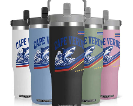Cape Verde Blue Sharks Ocean Wave Graphic Flip Straw Tumbler Cabo Verde Pride Sports Fans