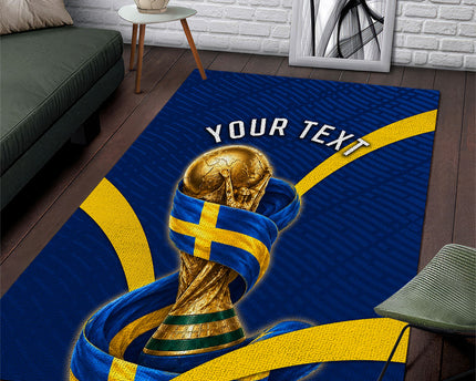 Personalized Sweden Football Trophy Area Rug Golden Cup Flag Ribbon Dynamic Stripes