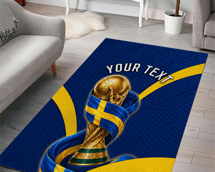Personalized Sweden Football Trophy Area Rug Golden Cup Flag Ribbon Dynamic Stripes