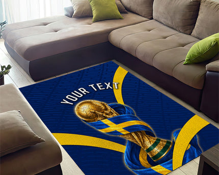 Personalized Sweden Football Trophy Area Rug Golden Cup Flag Ribbon Dynamic Stripes