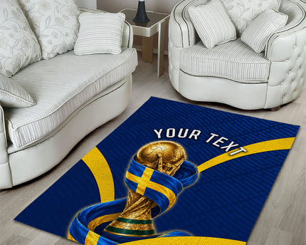 Personalized Sweden Football Trophy Area Rug Golden Cup Flag Ribbon Dynamic Stripes