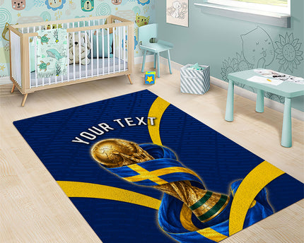 Personalized Sweden Football Trophy Area Rug Golden Cup Flag Ribbon Dynamic Stripes