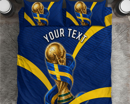 Personalized Sweden Football Trophy Bedding Set Golden Cup Flag Ribbon Dynamic Stripes
