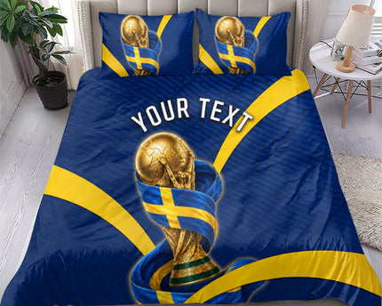 Personalized Sweden Football Trophy Bedding Set Golden Cup Flag Ribbon Dynamic Stripes