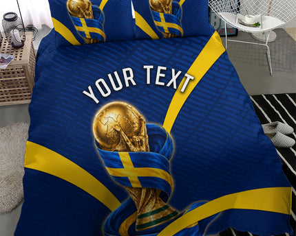 Personalized Sweden Football Trophy Bedding Set Golden Cup Flag Ribbon Dynamic Stripes