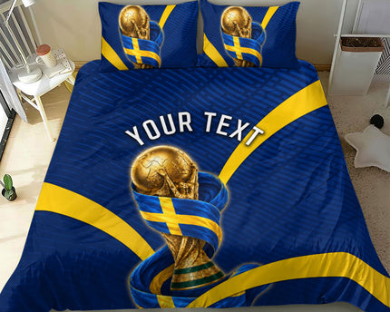 Personalized Sweden Football Trophy Bedding Set Golden Cup Flag Ribbon Dynamic Stripes