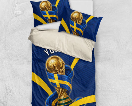 Personalized Sweden Football Trophy Bedding Set Golden Cup Flag Ribbon Dynamic Stripes