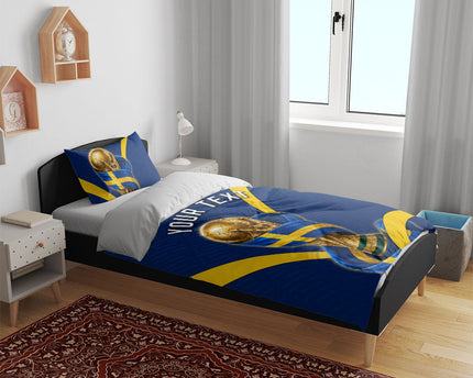 Personalized Sweden Football Trophy Bedding Set Golden Cup Flag Ribbon Dynamic Stripes