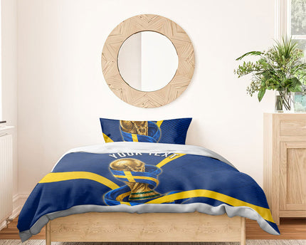 Personalized Sweden Football Trophy Bedding Set Golden Cup Flag Ribbon Dynamic Stripes