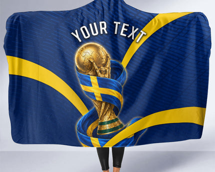 Personalized Sweden Football Trophy Hooded Blanket Golden Cup Flag Ribbon Dynamic Stripes