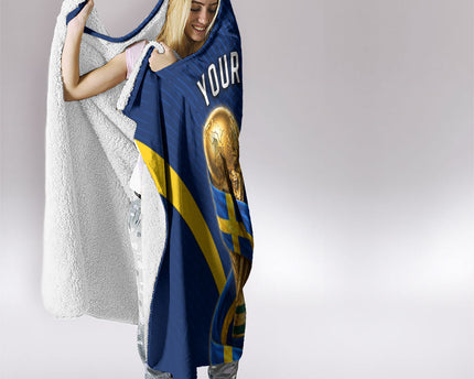 Personalized Sweden Football Trophy Hooded Blanket Golden Cup Flag Ribbon Dynamic Stripes