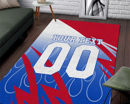 Personalized England Football Area Rug Dynamic Lion Athlete Red Blue Flame
