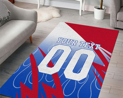 Personalized England Football Area Rug Dynamic Lion Athlete Red Blue Flame
