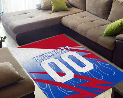 Personalized England Football Area Rug Dynamic Lion Athlete Red Blue Flame