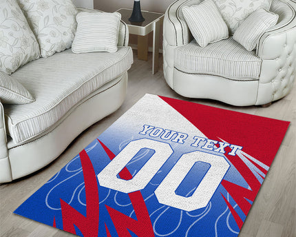 Personalized England Football Area Rug Dynamic Lion Athlete Red Blue Flame
