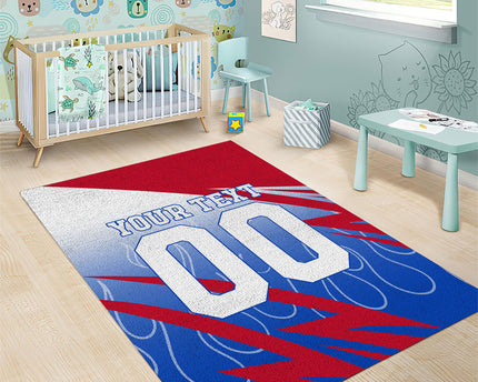 Personalized England Football Area Rug Dynamic Lion Athlete Red Blue Flame