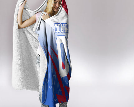 Personalized England Football Hooded Blanket Dynamic Lion Athlete Red Blue Flame