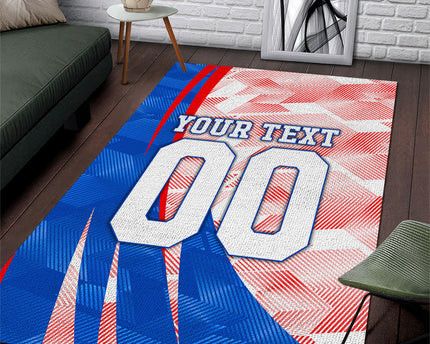 Personalized England Football Area Rug Powerful Lion Kicking Ball Red Blue Chevron Zigzag